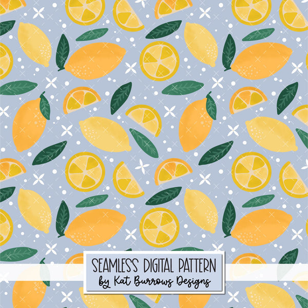 Digital Seamless Pattern: Lemons on Blue