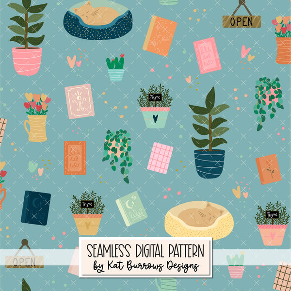 Digital Seamless Pattern: Book Store Items Blue